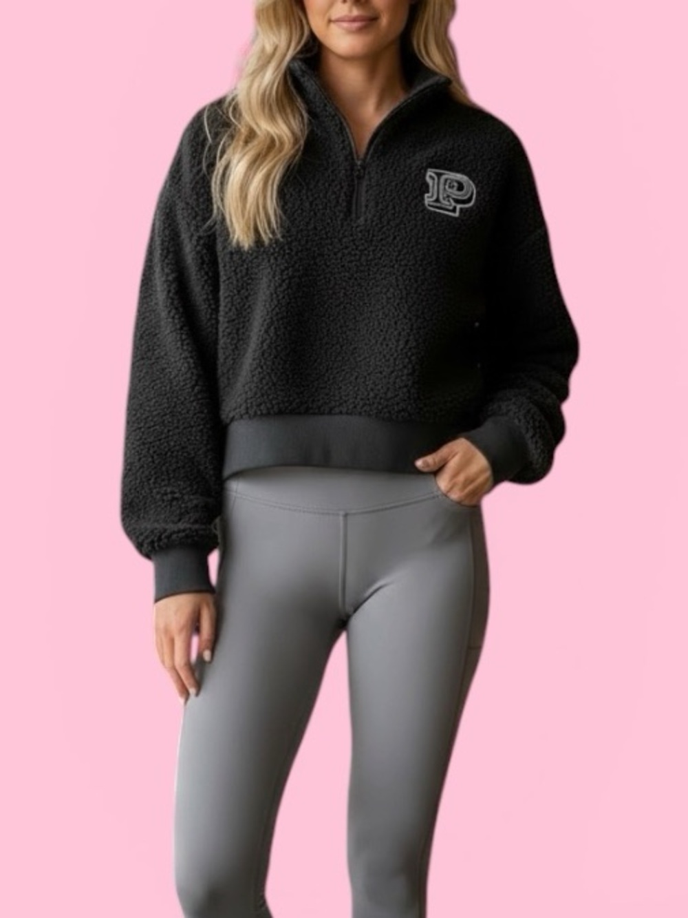 PINK Victoria's Secret Black Sherpa quarter Zip slightly cropped Pullover
